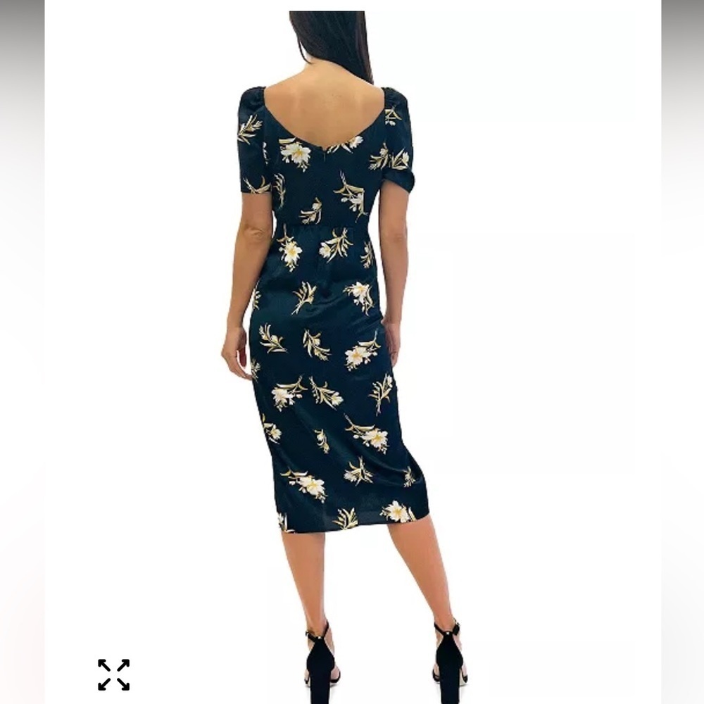Sam Edelman Navy Floral Midi  tossed flower puff  stretchy sleeve Dress size 4 - Picture 2 of 10